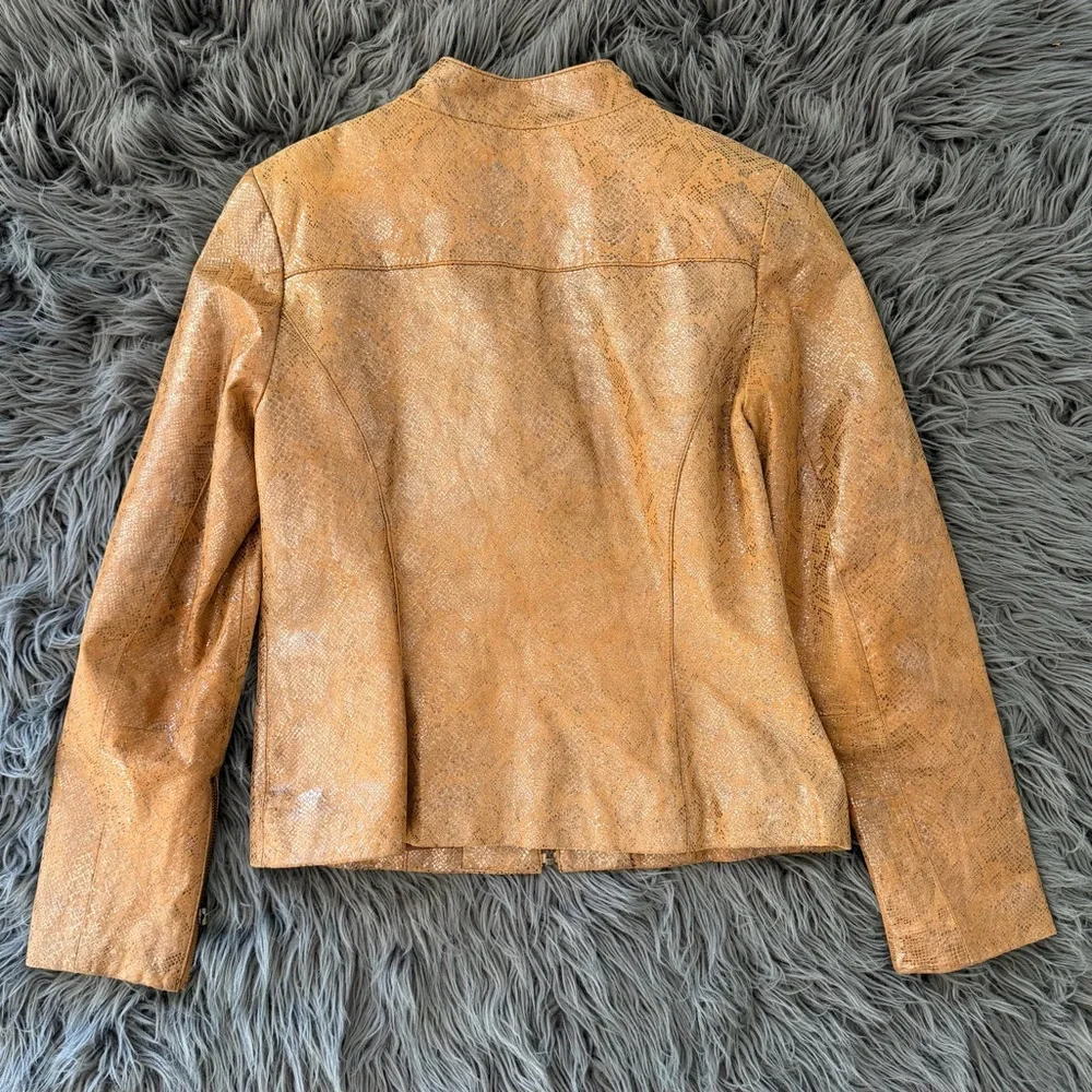 Vakko VS2 Metallic Gold Leather Moto Jacket Brown Printed Size 8 - Picture 3 of 9